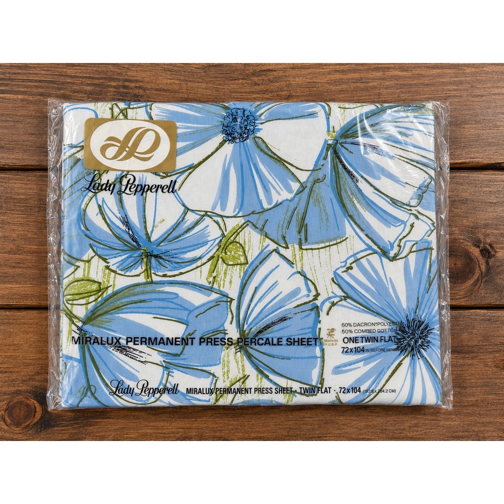 Lady Pepperell Flat Sheet Twin Blue Floral NOS Vintage Percale MCM 72x104
